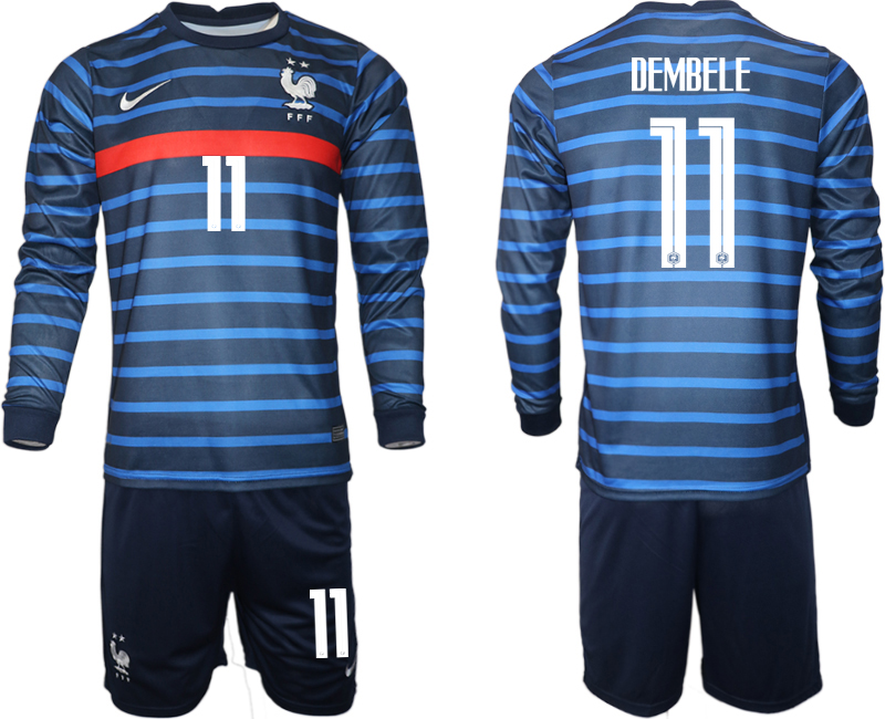 Men 2021 European Cup France home blue Long sleeve #11 Soccer Jersey1->france jersey->Soccer Country Jersey